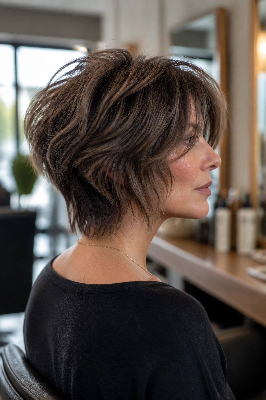 Portrait of a real woman with a graduated shag showing back stacked layers.