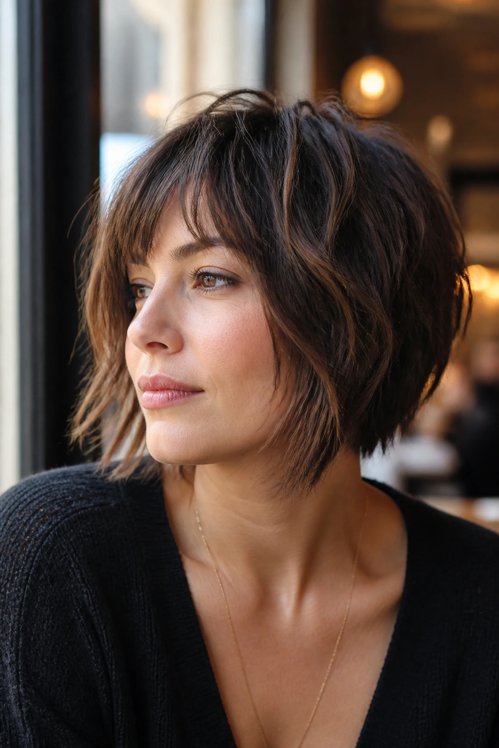Real person with graduated shaggy bob and longer front pieces.