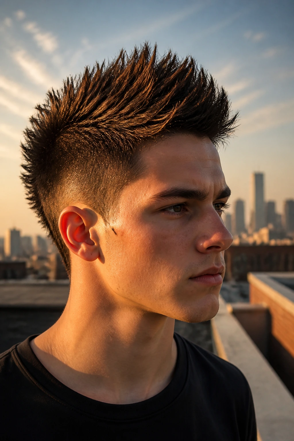 Close-up portrait of a real person with a graduated spike fohawk on a city rooftop during golden hour