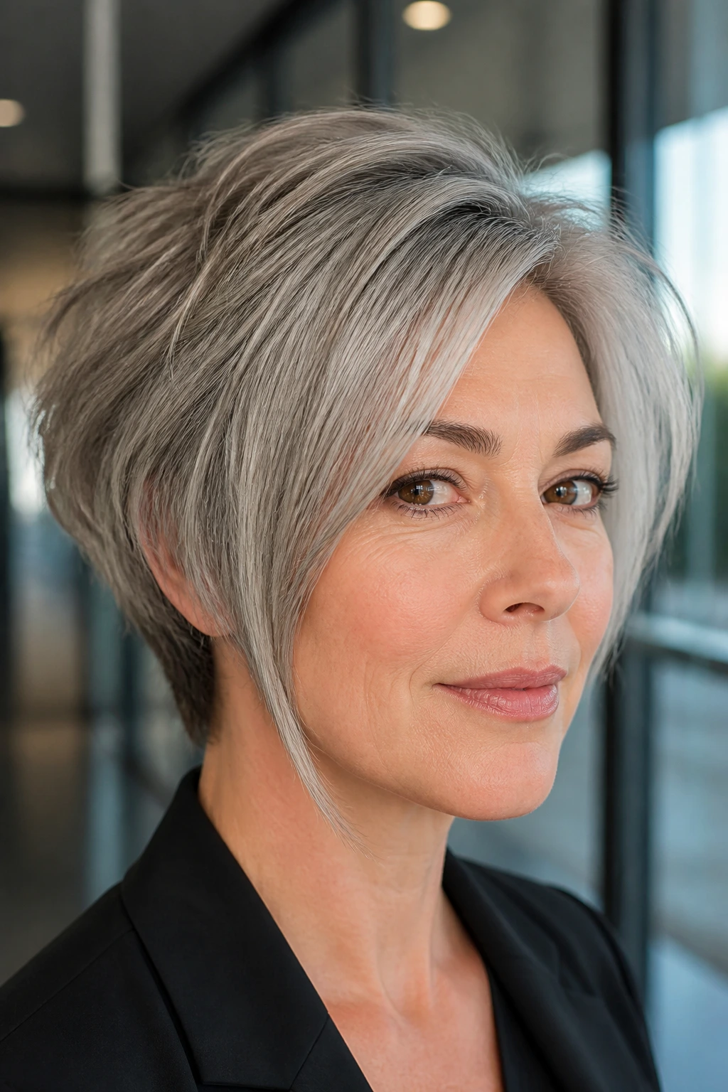 Close-up of a woman with a silver-grey graduated stack haircut in an office setting.