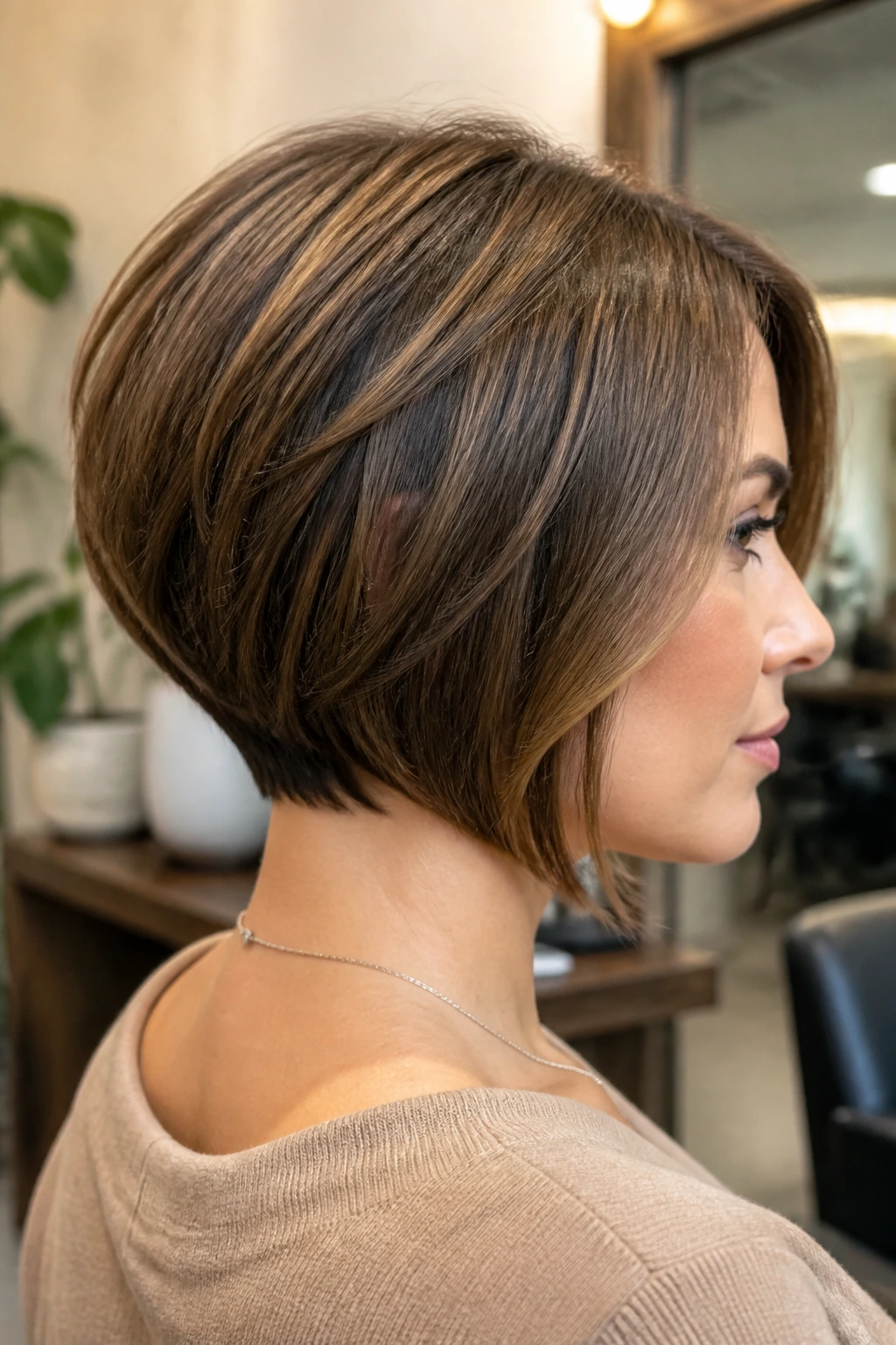 Three-quarter portrait of a real woman displaying a graduated stacked bob