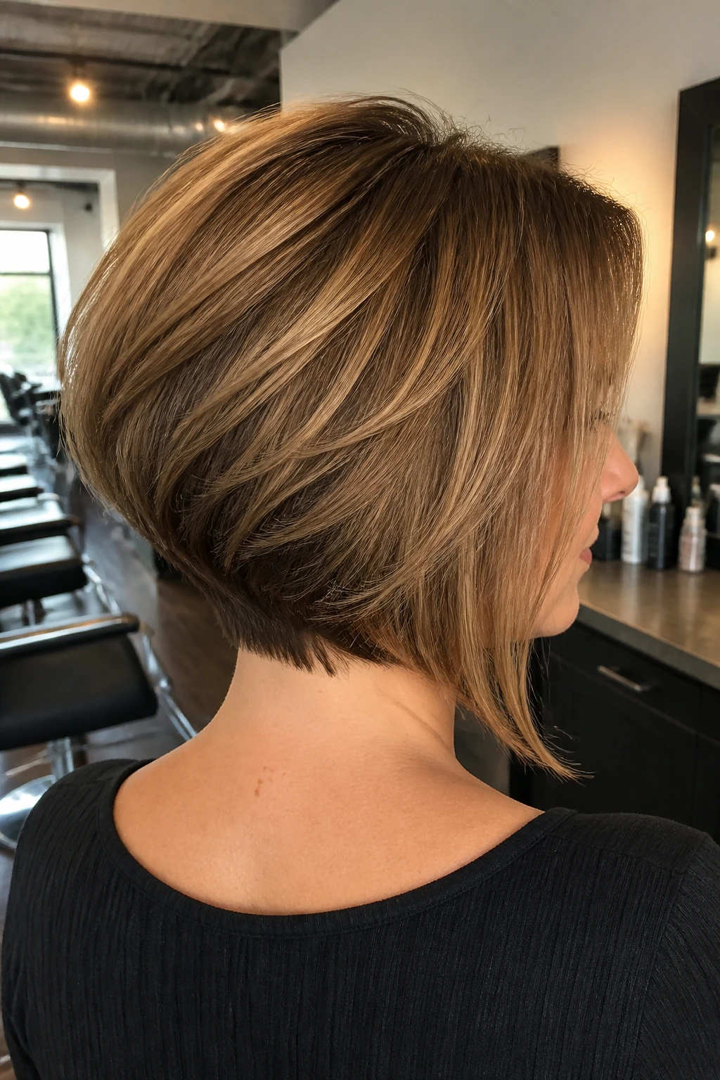 Rear three-quarter view of a real woman with a graduated stacked bob