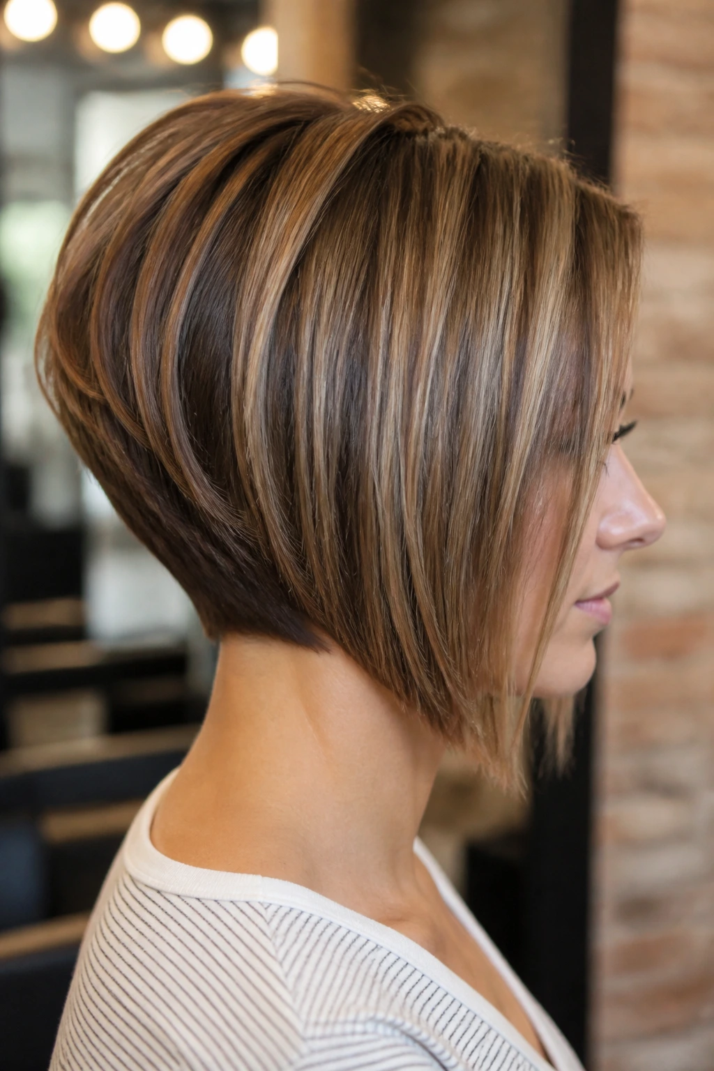 Close-up of a real woman with graduated stacked bob showing crown volume in a salon