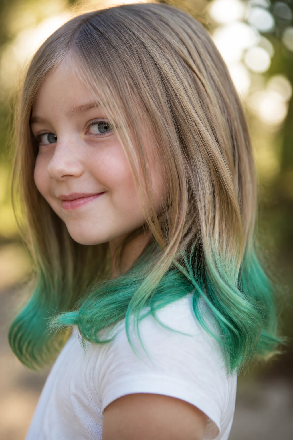 Close-up of a real child with green tips on the ends of the hair.
