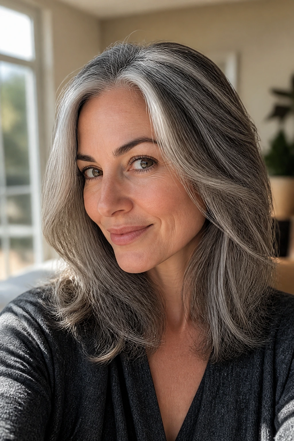 Close-up portrait of a real person with natural grey hair and silver frosting highlights in a cozy home setting