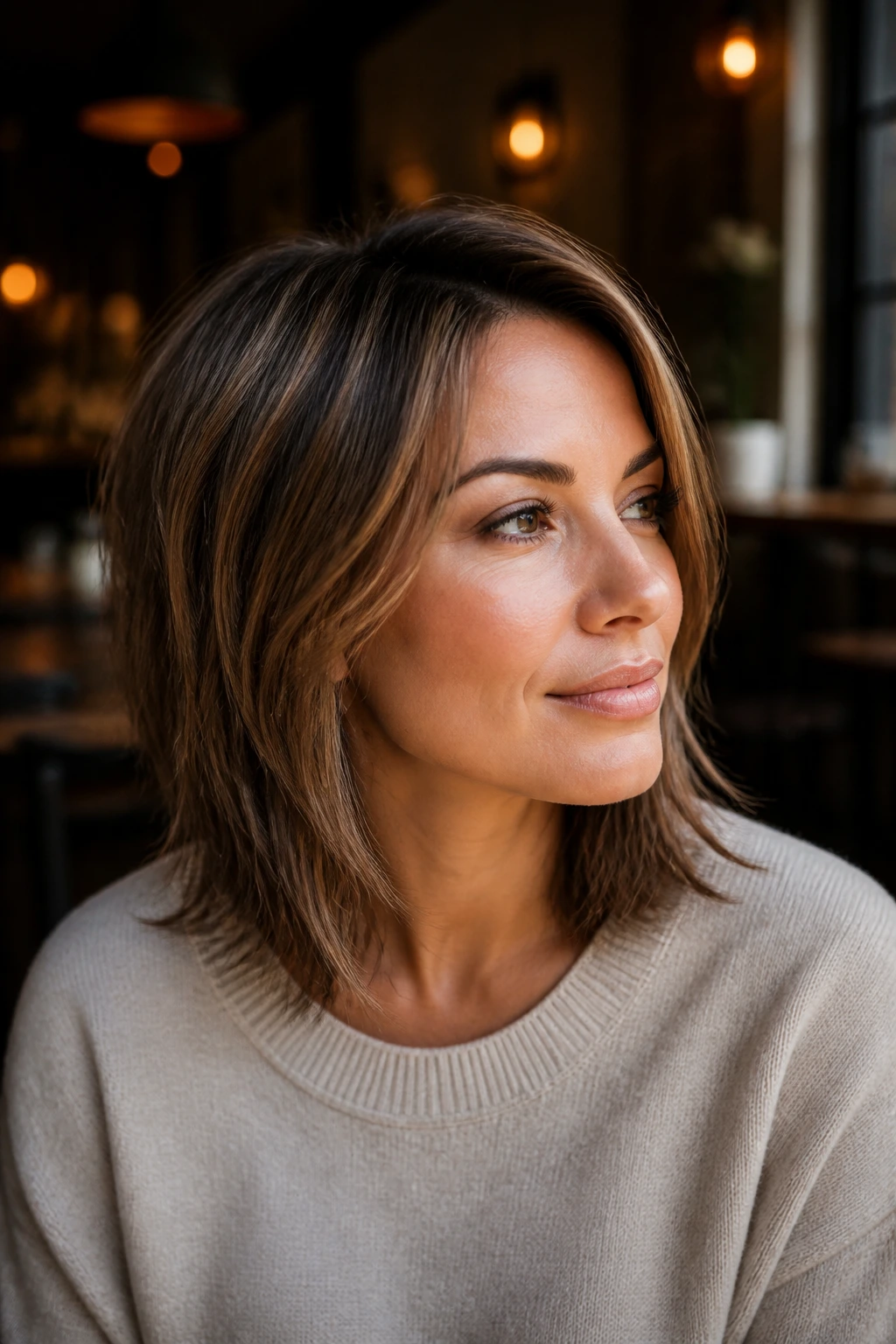 Close-up of a woman with mid-length hair in transition showing texture and volume