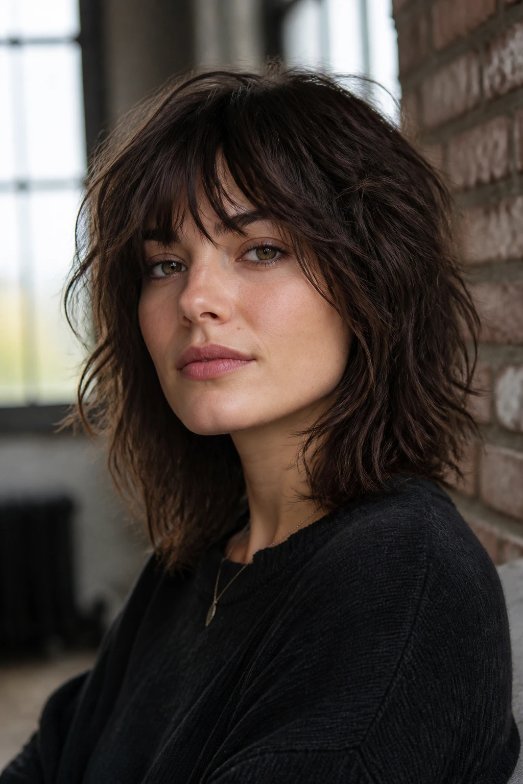 Close-up of a real woman with modern grunge shag hairstyle