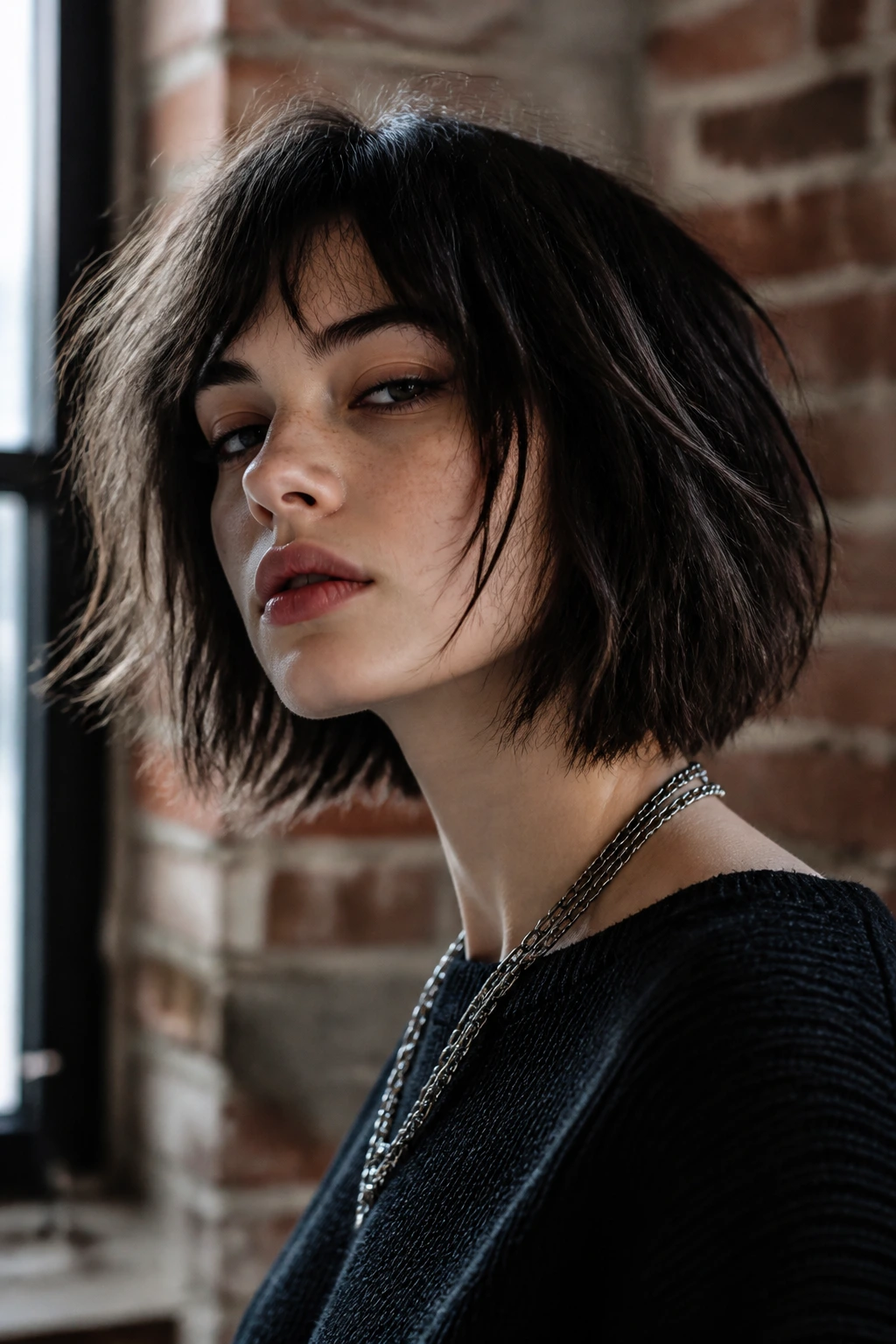 Portrait of real person with grunge textured bob against brick wall