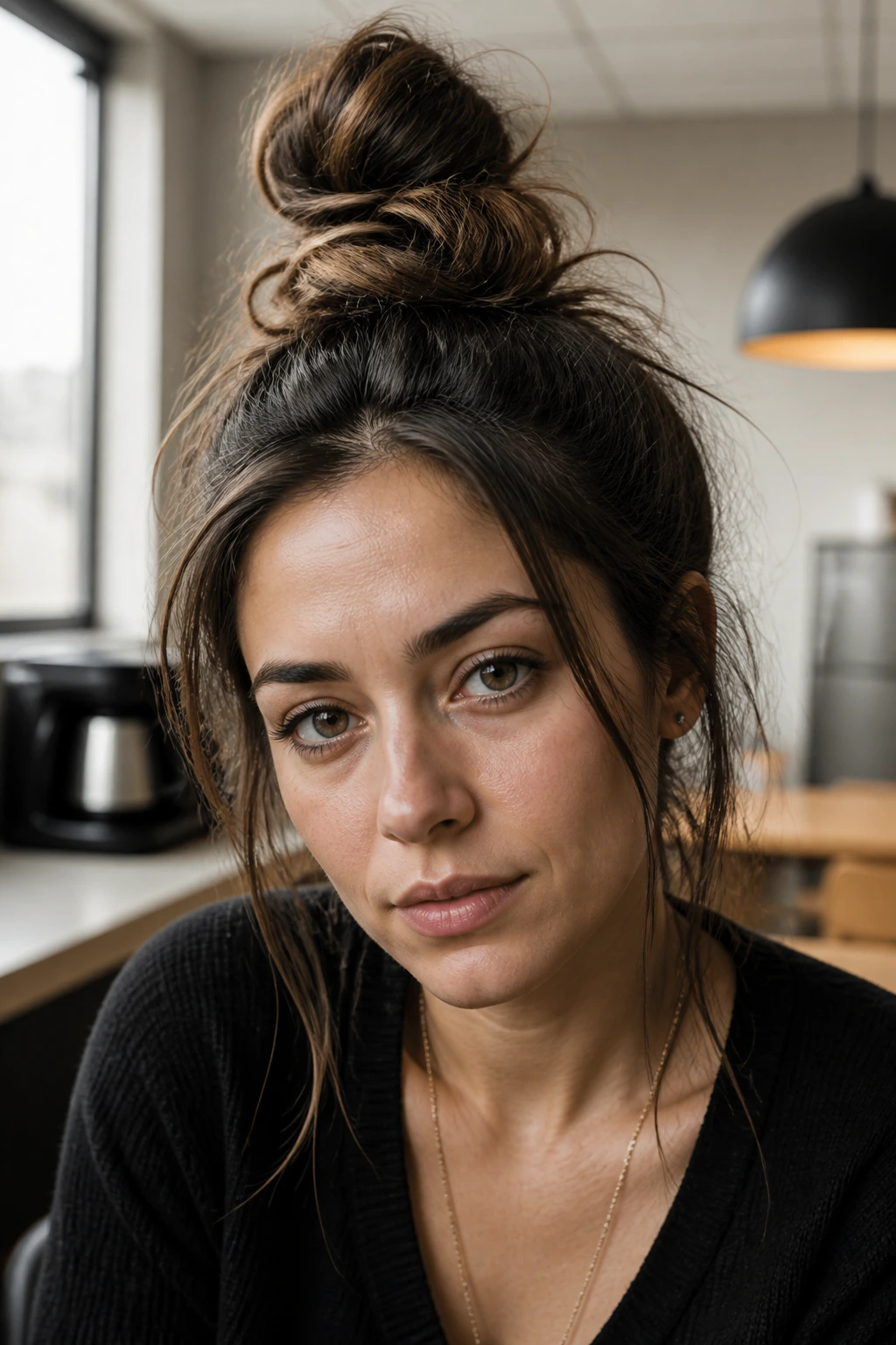 Close-up portrait of a real woman with a grunge top knot and loose strands.