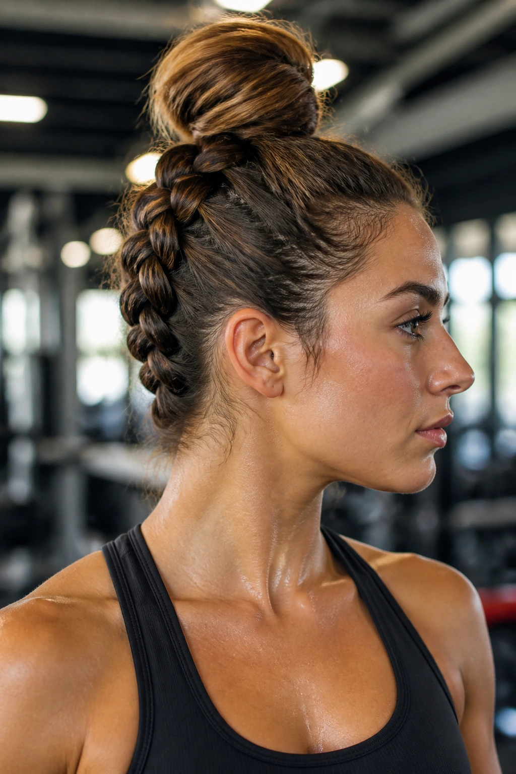Portrait of a real athlete with a high inversion braid forming a topknot at the crown.