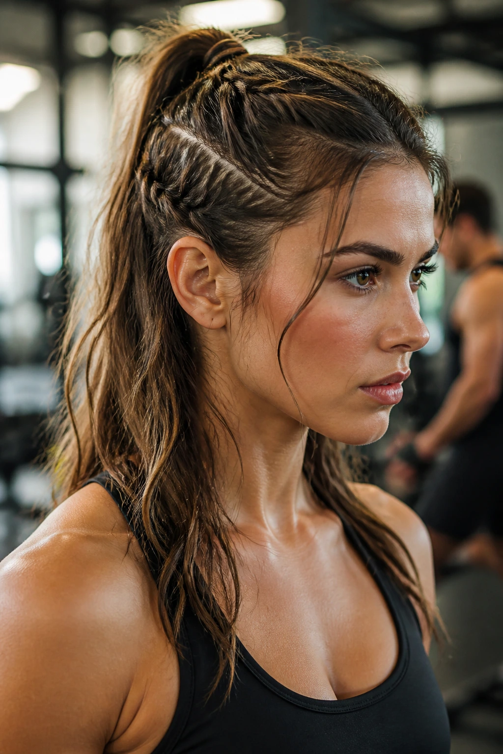 Close-up of a real woman with a gym-ready half-up ponytail during a workout