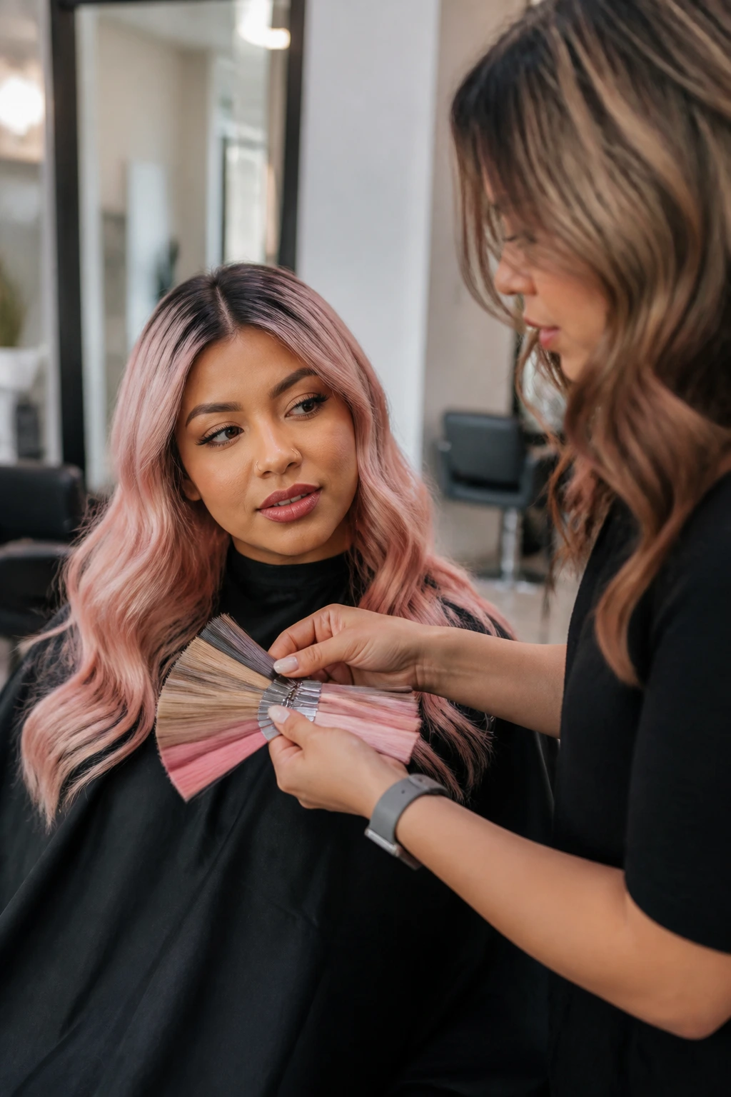 Portrait of a client with colorist in a salon consultation