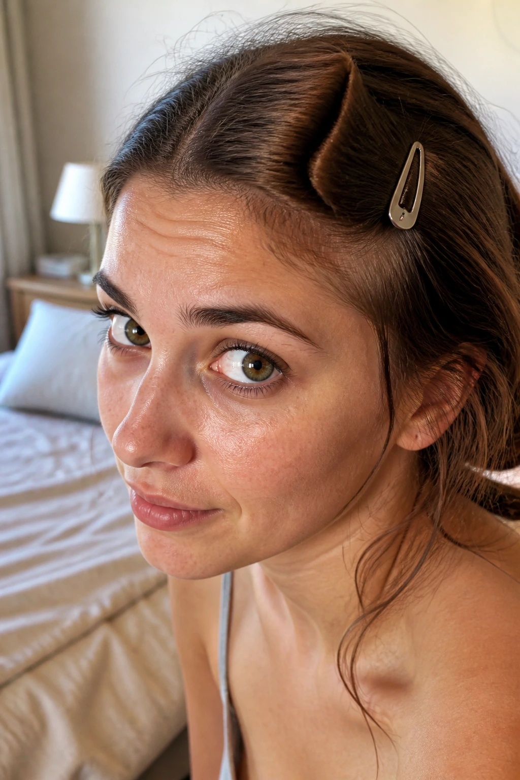Close-up of a real person showing a dent at the hairline from a metal clip