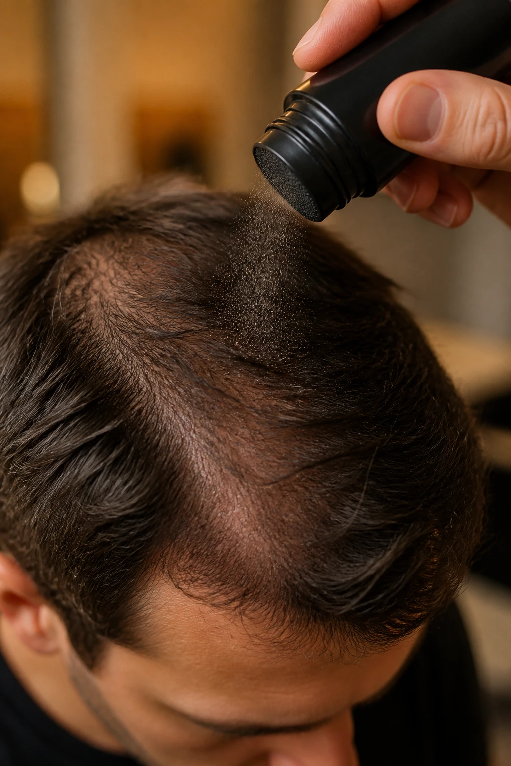 Close-up of a real person's thinning crown with hair fibers blending into the hair to add density