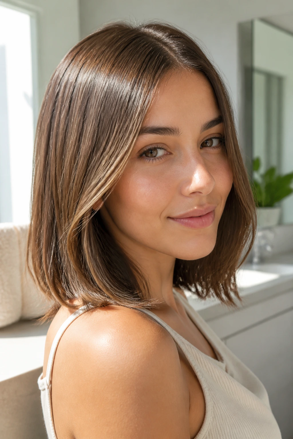 Close-up of a woman with shiny healthy fine hair under natural light