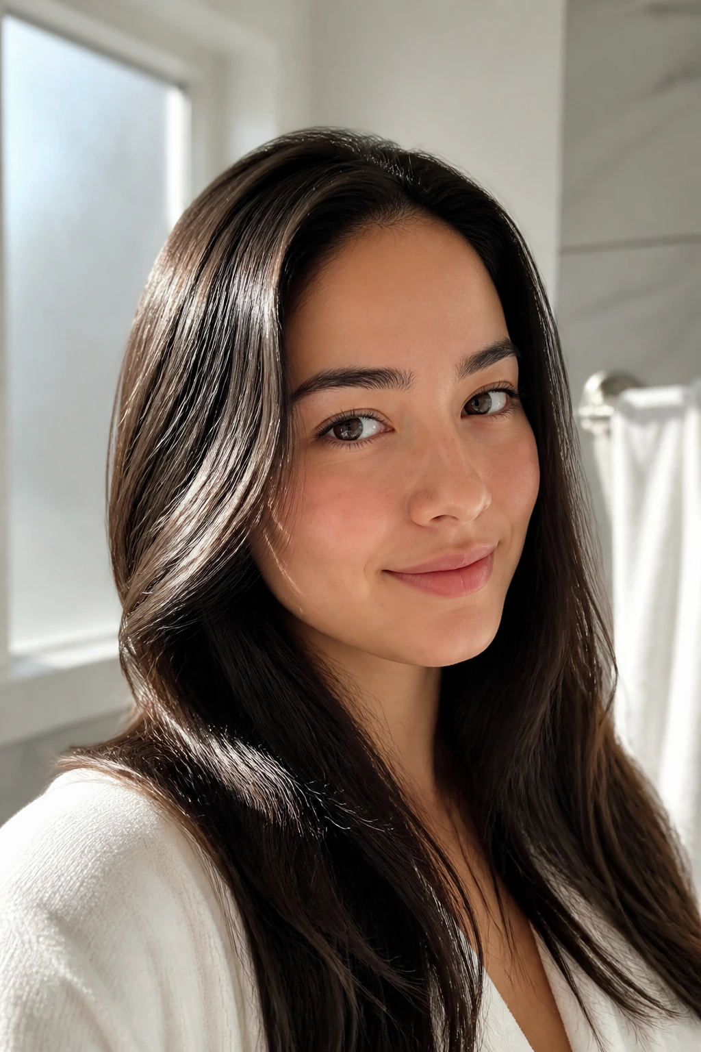 Close-up of a real person with glossy hydrated hair in a bright bathroom