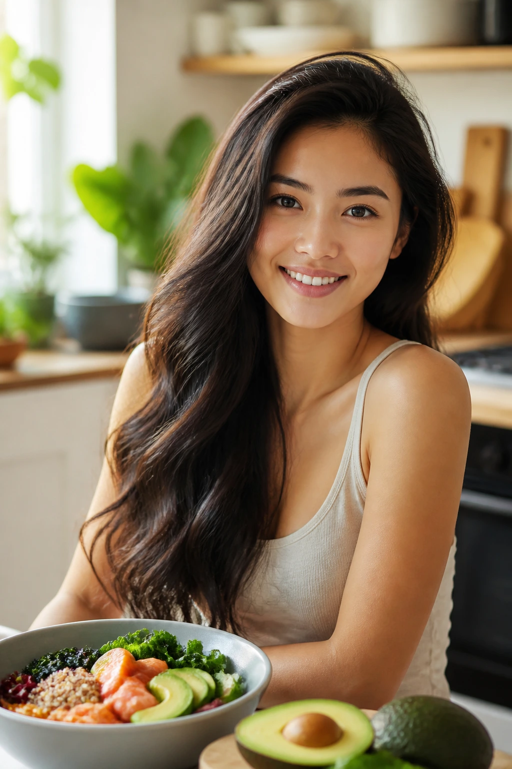 Close-up of strong, healthy hair on a real person with warm kitchen backdrop