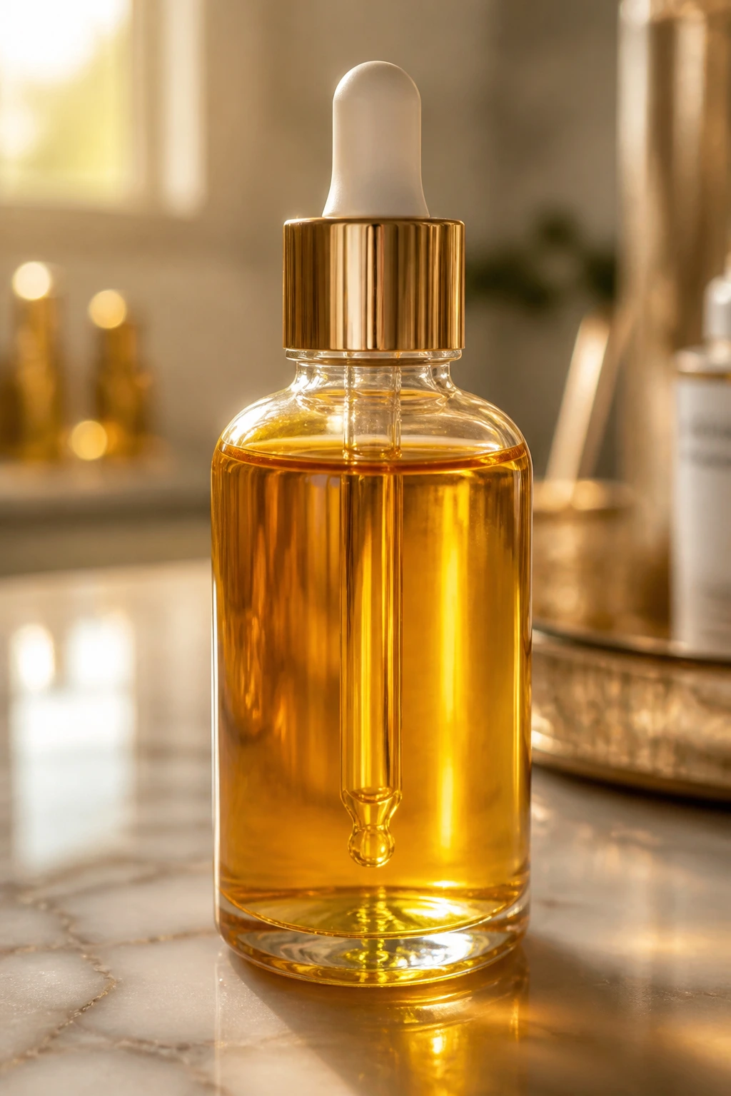 Close-up of a glass bottle with golden hair oil on a marble vanity