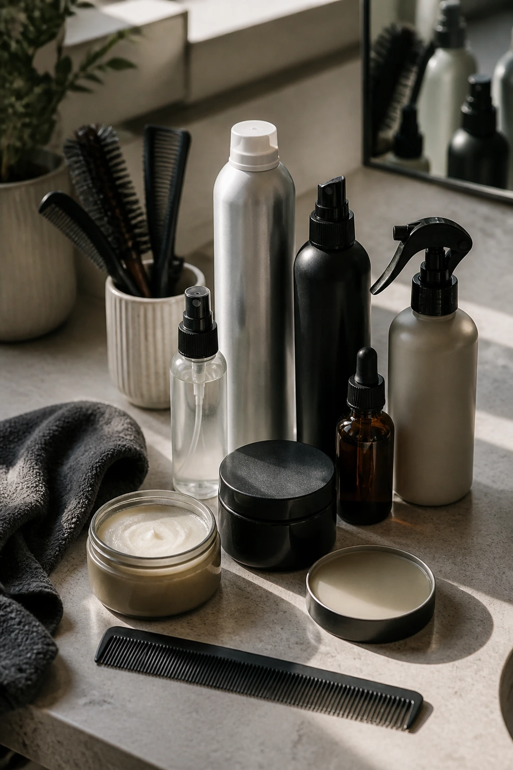 Top-down view of unlabelled hair products on a vanity in a bathroom