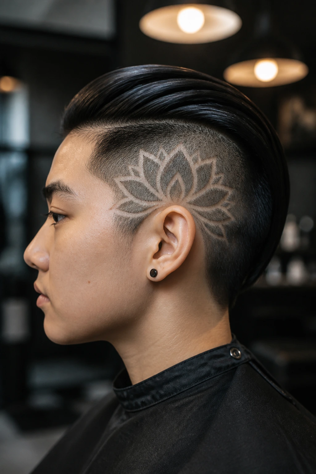 Side-profile of an Asian person revealing a floral or geometric tattoo on the shaved scalp.