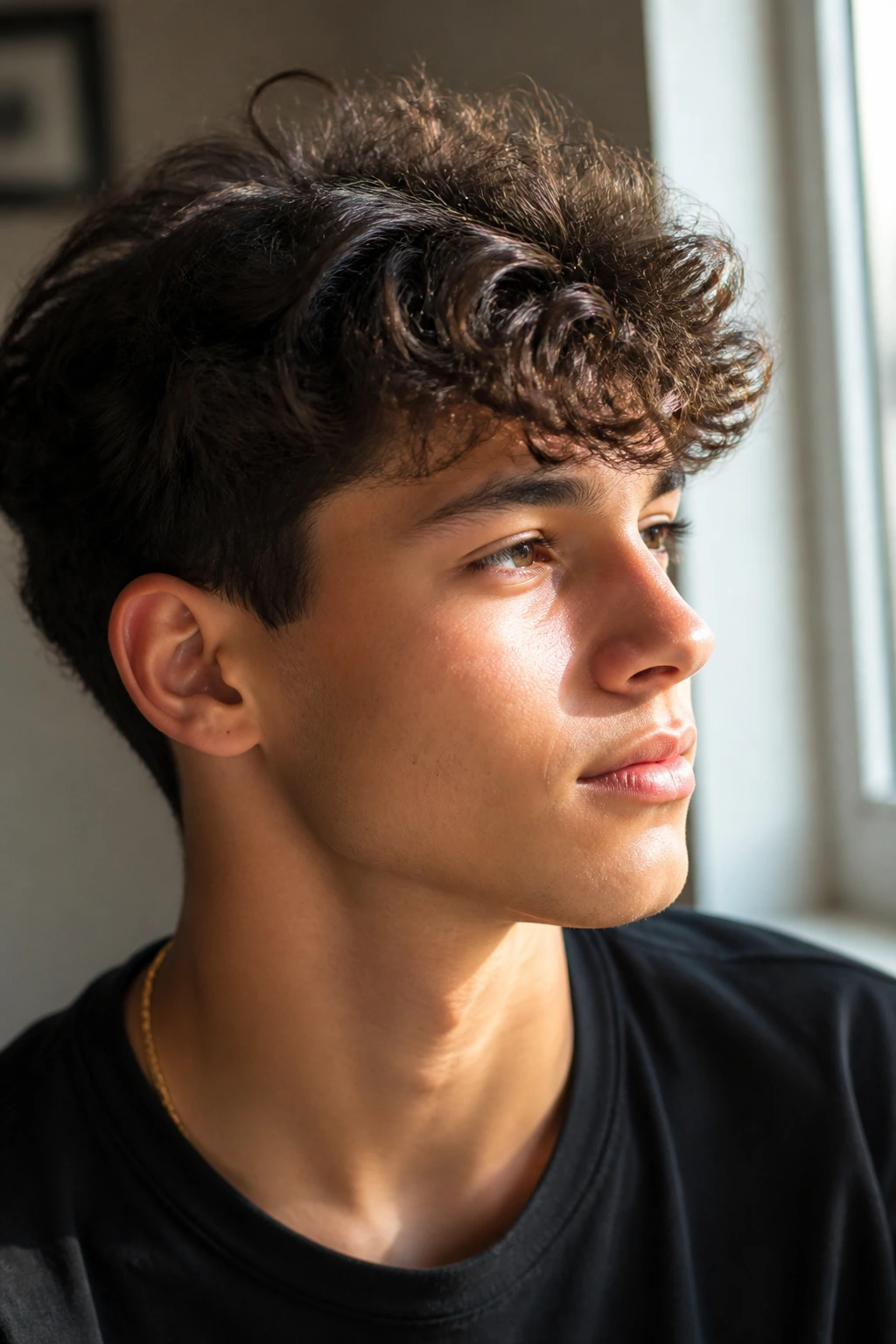 Teen with natural textured hair (waves or curls) in soft light.