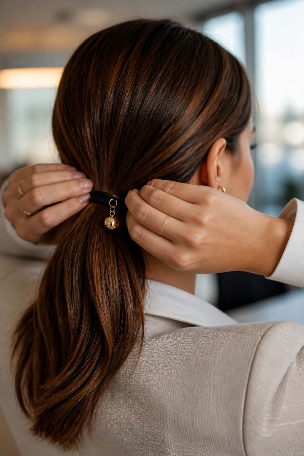 Close-up of a ponytail with a metallic charm on the hair tie