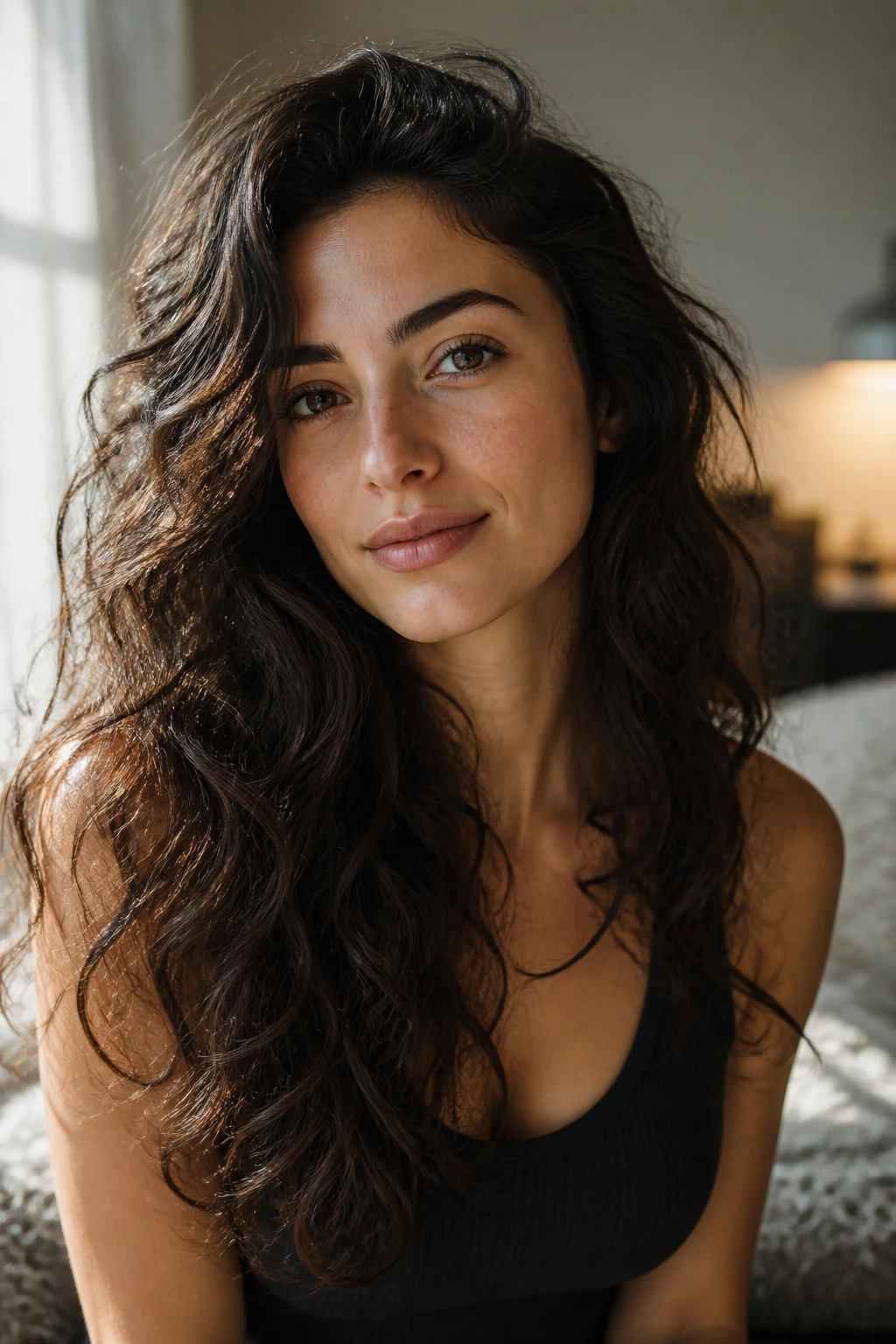 Close-up of woman showing hair texture variations for heavy hair styling.