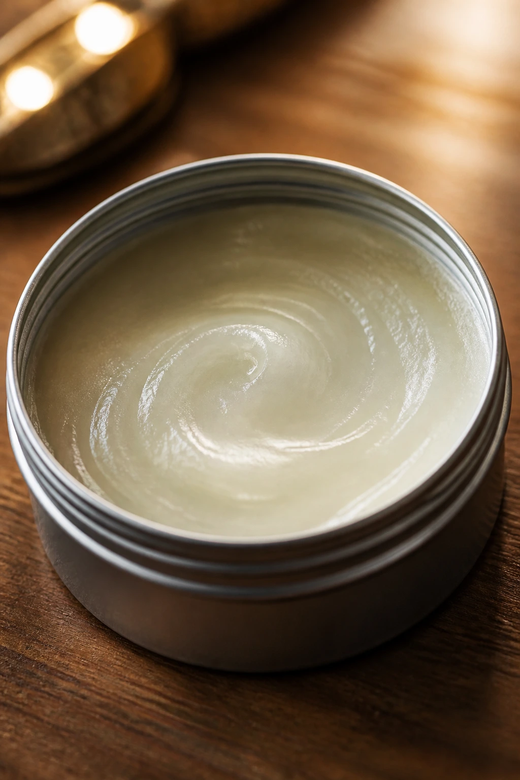 Close-up of an unlabeled hair wax tin on a wooden surface with warm light
