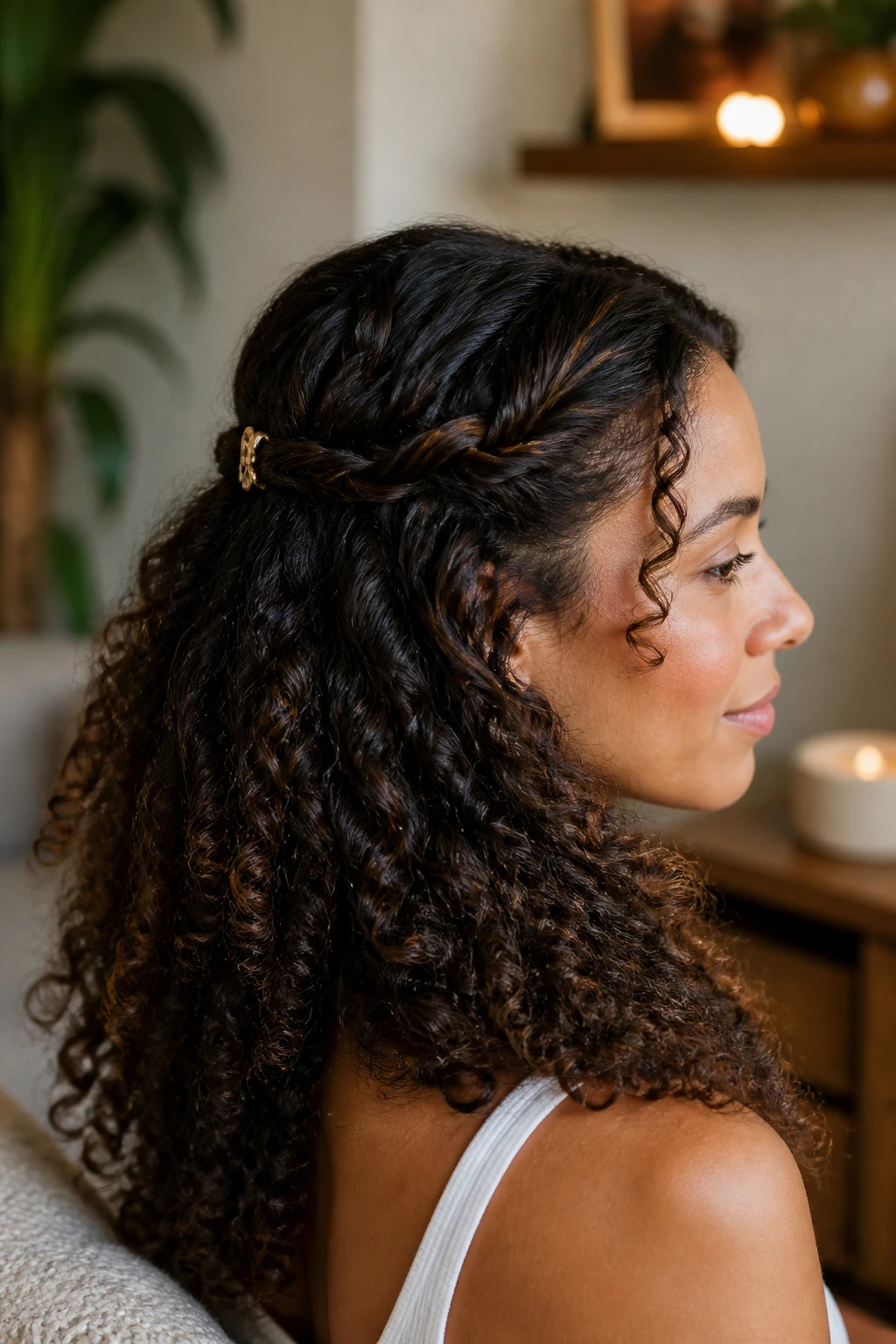 Profile portrait of a real woman with two twisted temple sections forming a knot
