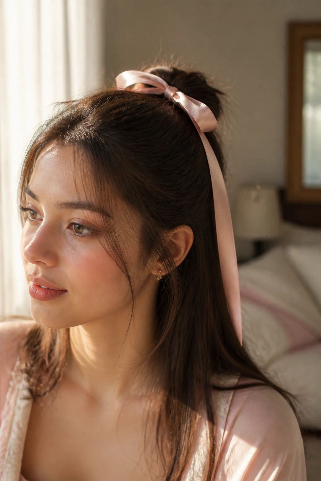 Close-up of a real woman with a half-up bun and ribbon draped over the bun