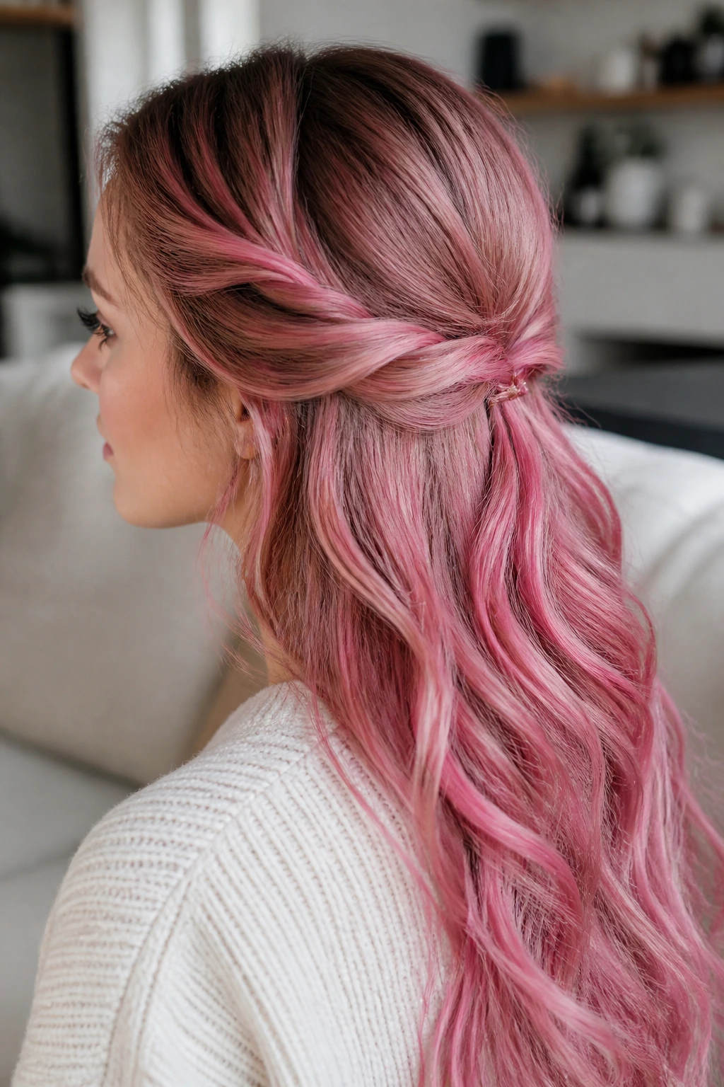 Real woman with half-down twisted style in pink hair