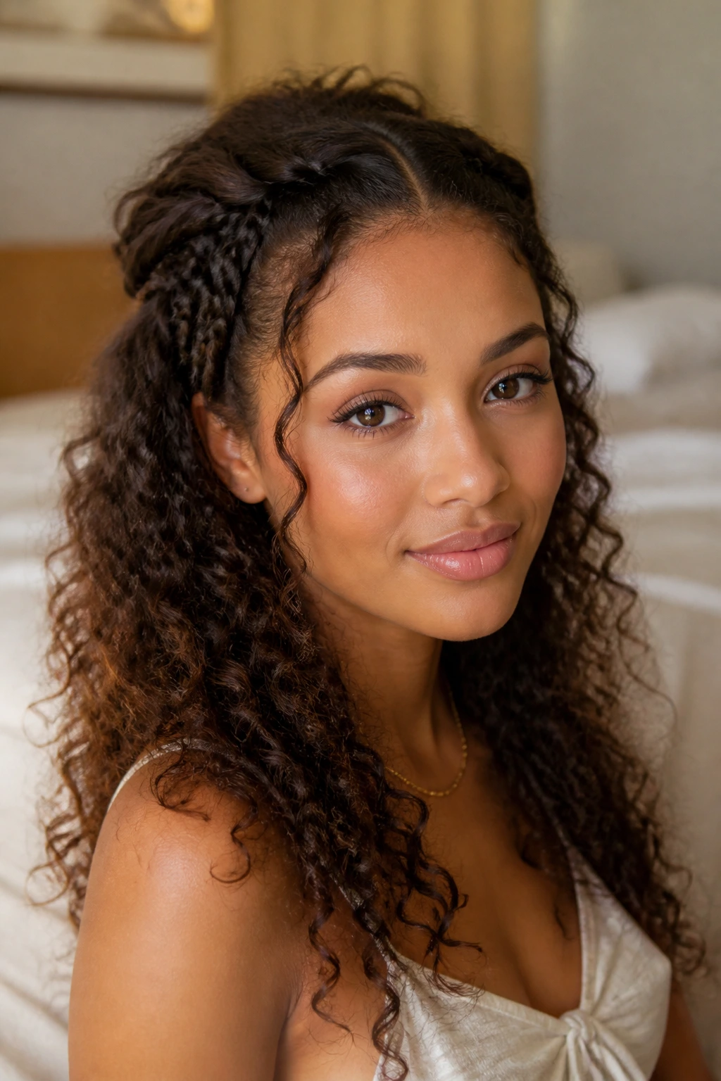 Close-up of a real woman showing half-down hairstyle with mini twists framing the face