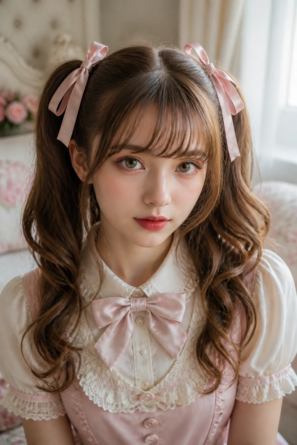 Close-up of a real woman wearing Ribbon-Tied Half-Pigtails in a softly lit bedroom