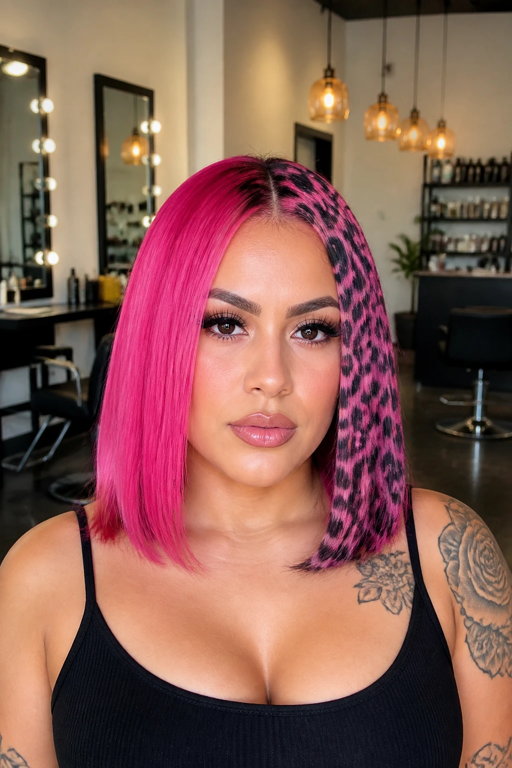 Close-up of half pink solid and half pink leopard print hair on a real person