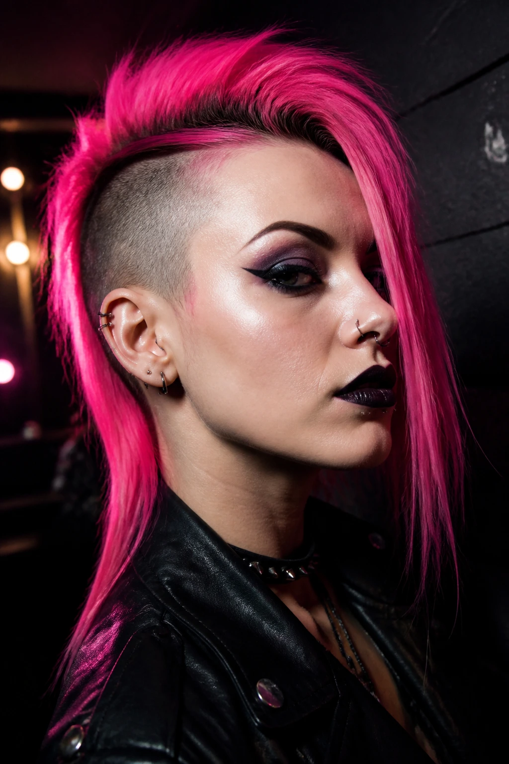 Close-up portrait of a real person with a half-shaved pink mohawk in a moody backstage setting.