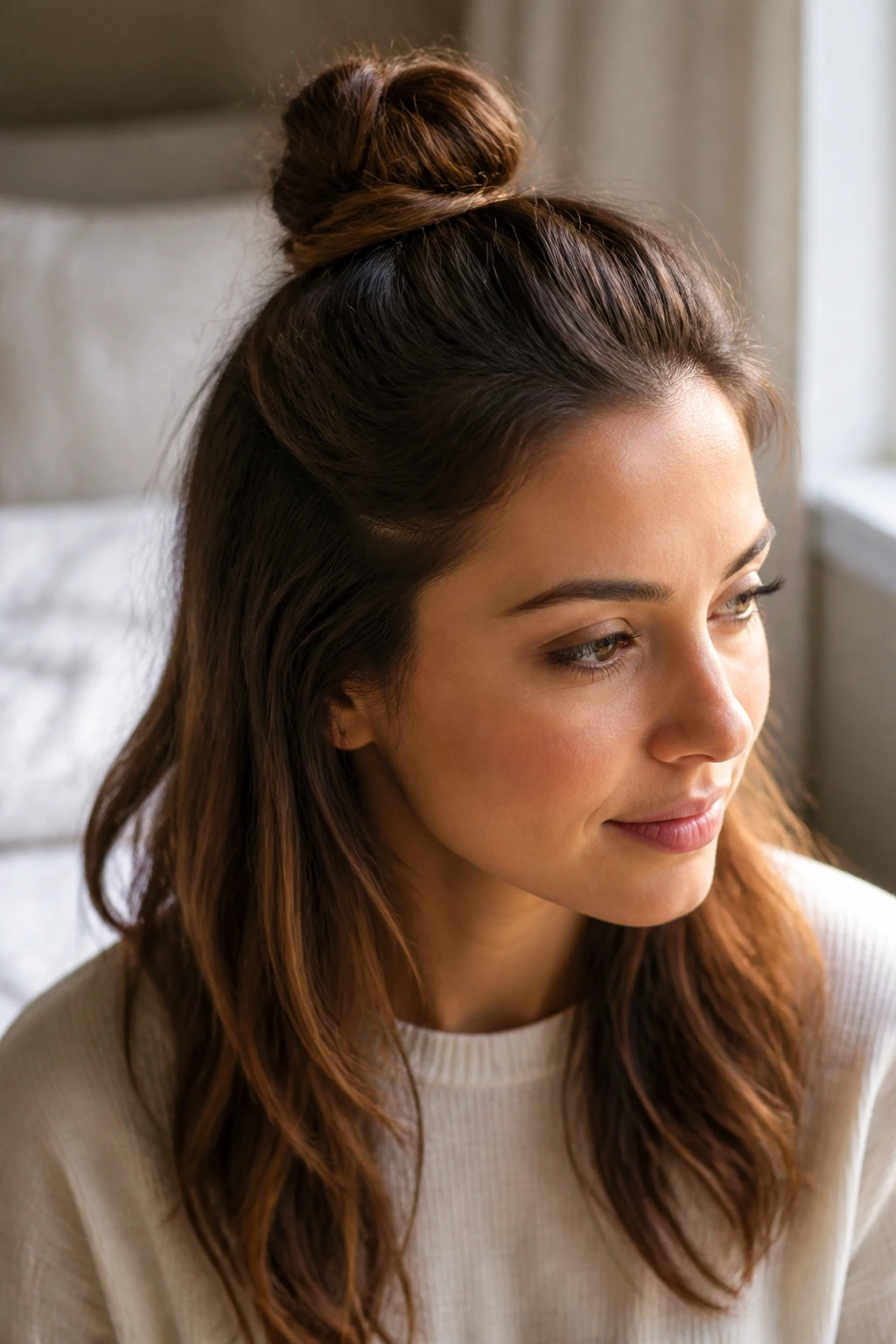 Close-up of a real woman with a half-top knot, top bun and loose hair.