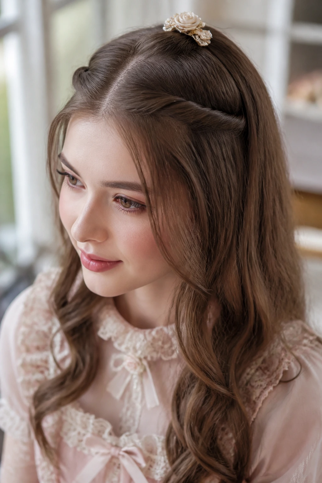 Close-up portrait of a real woman with half-twist crown and decorative clip indoors