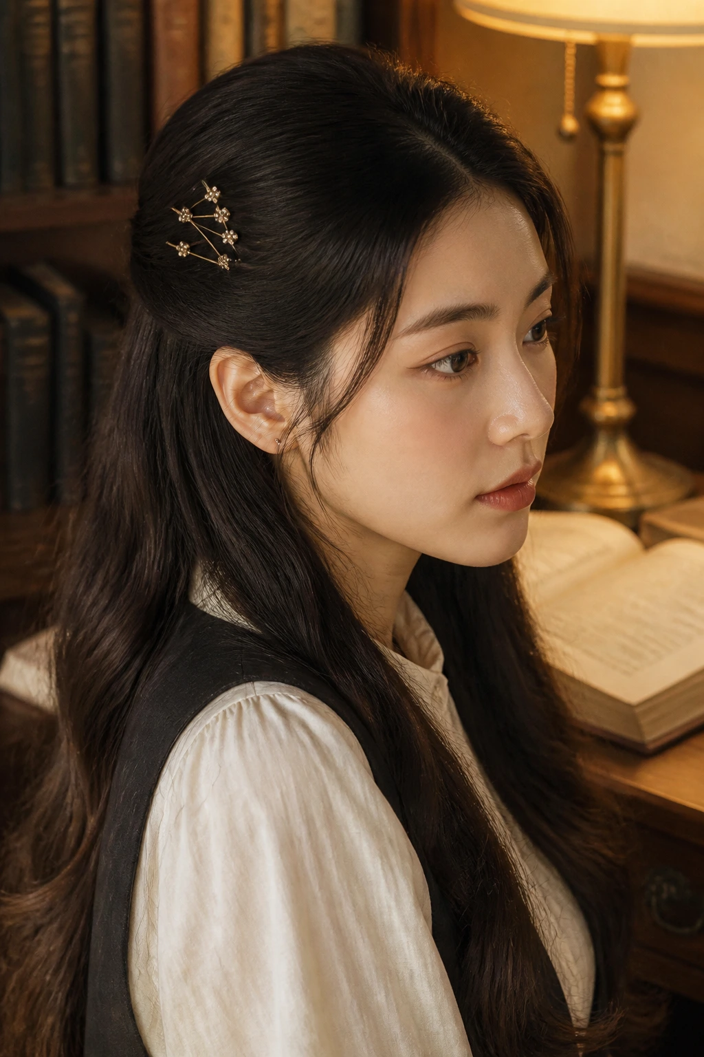 Close-up of a real woman with half-up hairstyle and decorative bobby pins