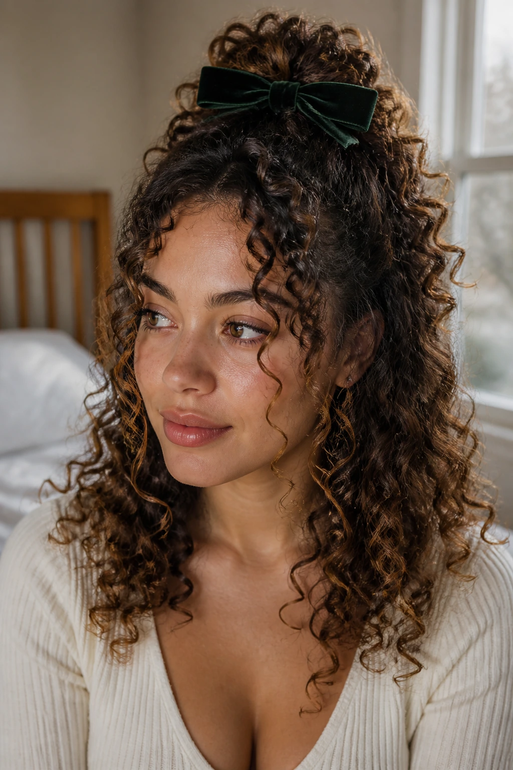 Close-up of a real woman wearing half-up hair with a velvet bow.