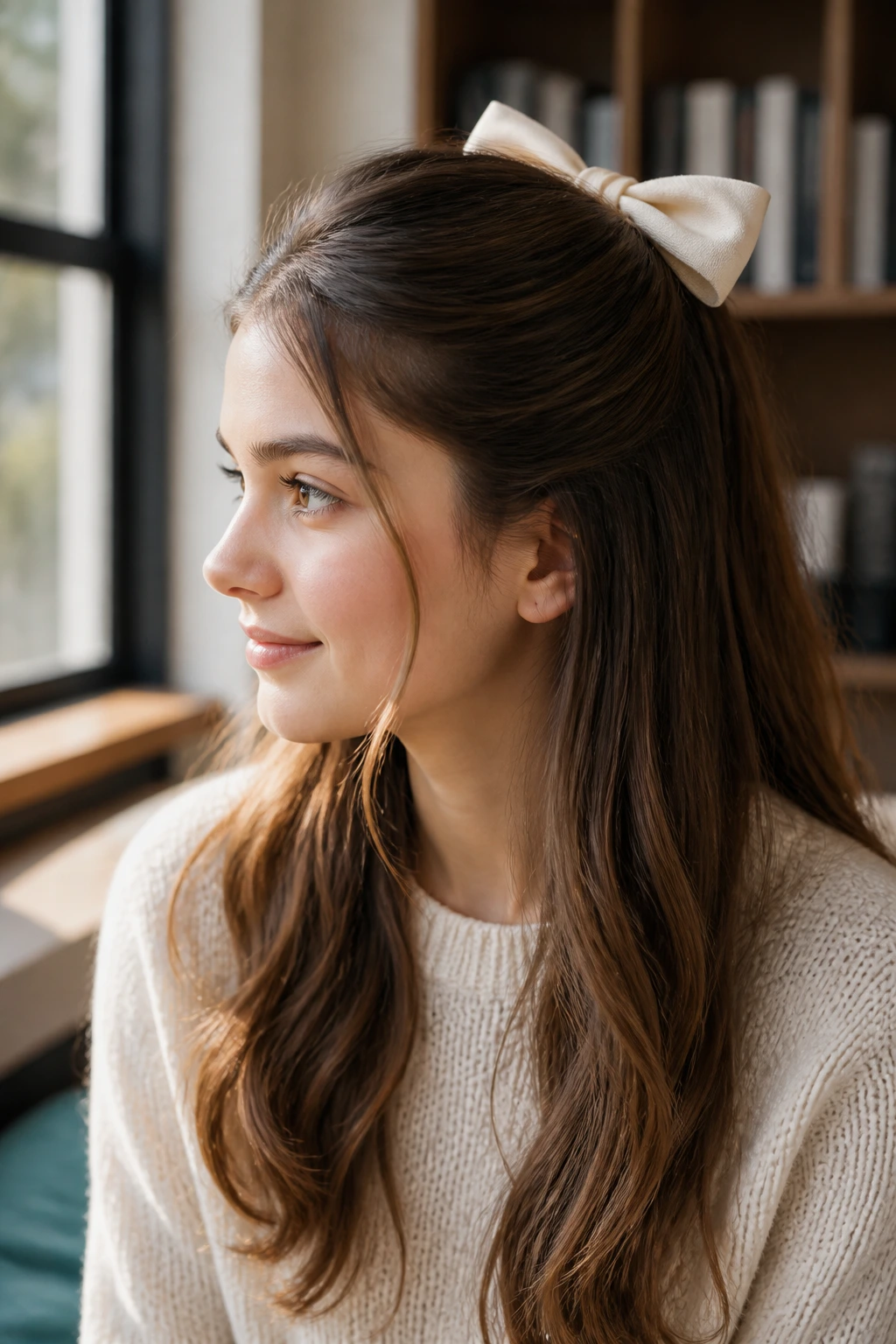 Student wearing a bow-topped half-up hairstyle