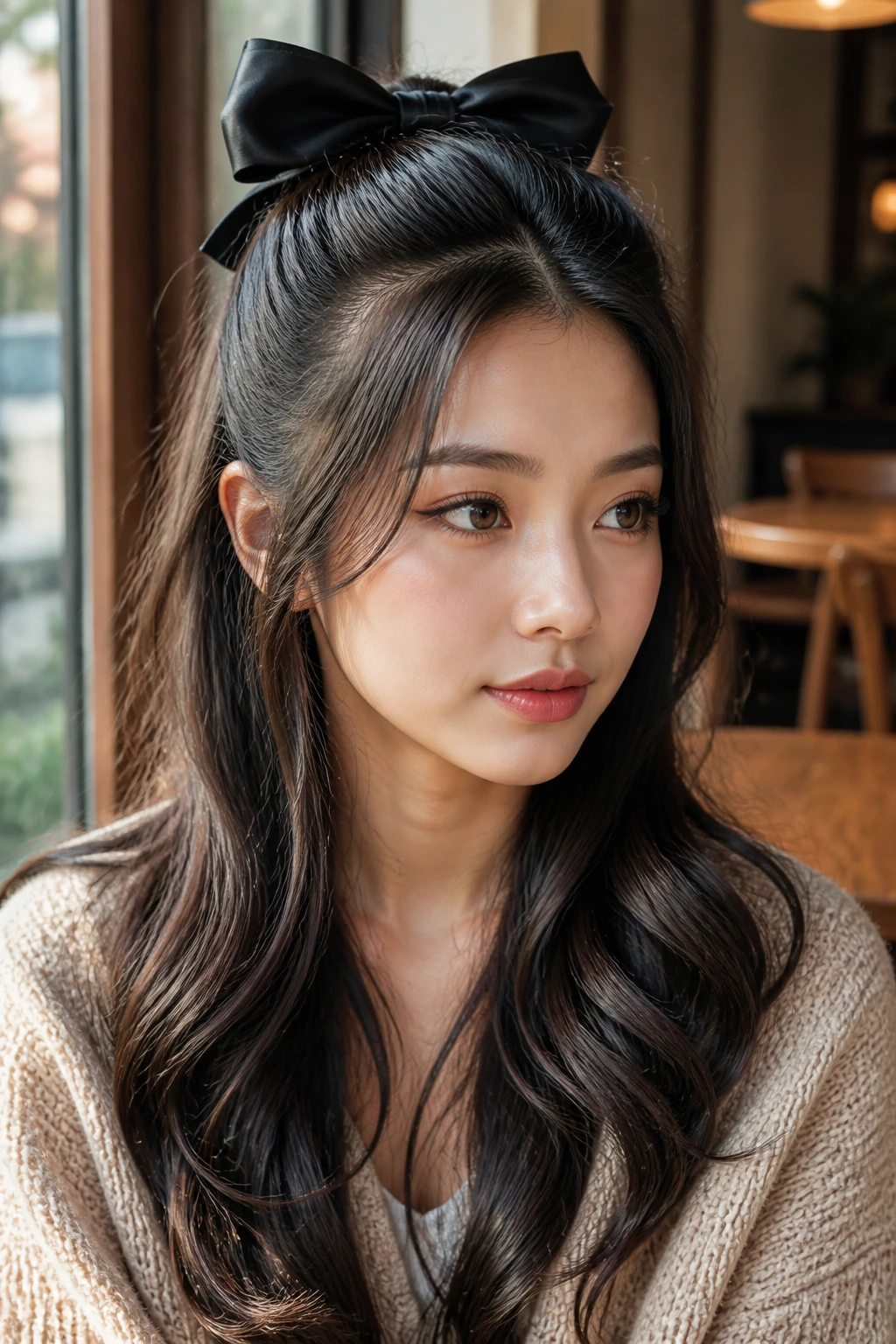 Close-up of a real woman with a large bow in a cafe setting