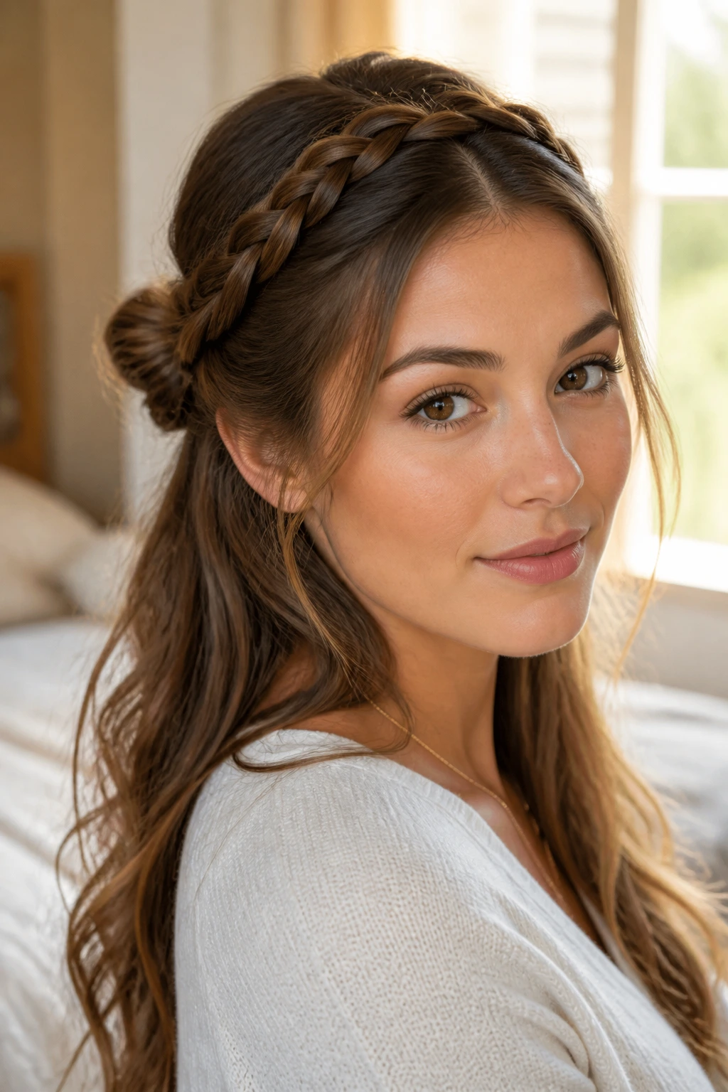 Close-up of a real woman showing the half-up braided knot hairstyle in sunlit bedroom