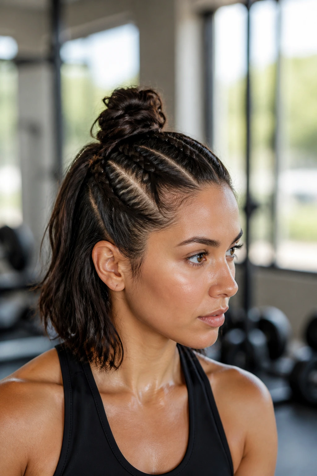 Close-up of a real woman with a half-up braided top-knot during a workout