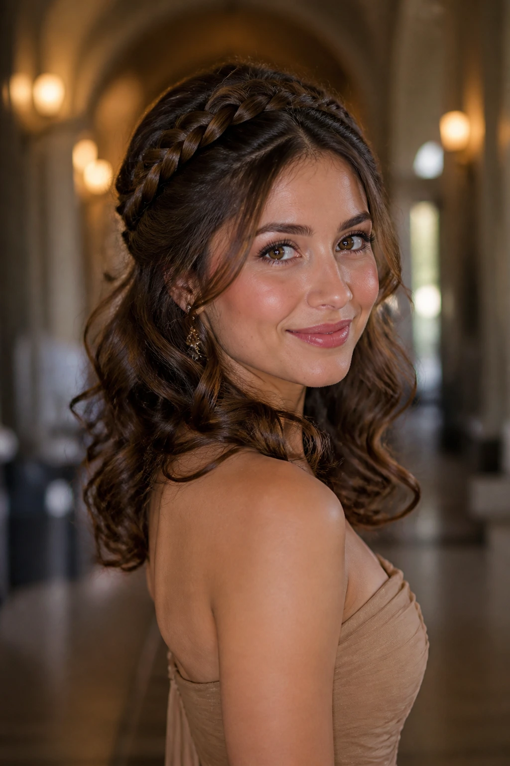 Half-up half-down braided crown on a real woman with crown braids and flowing curls