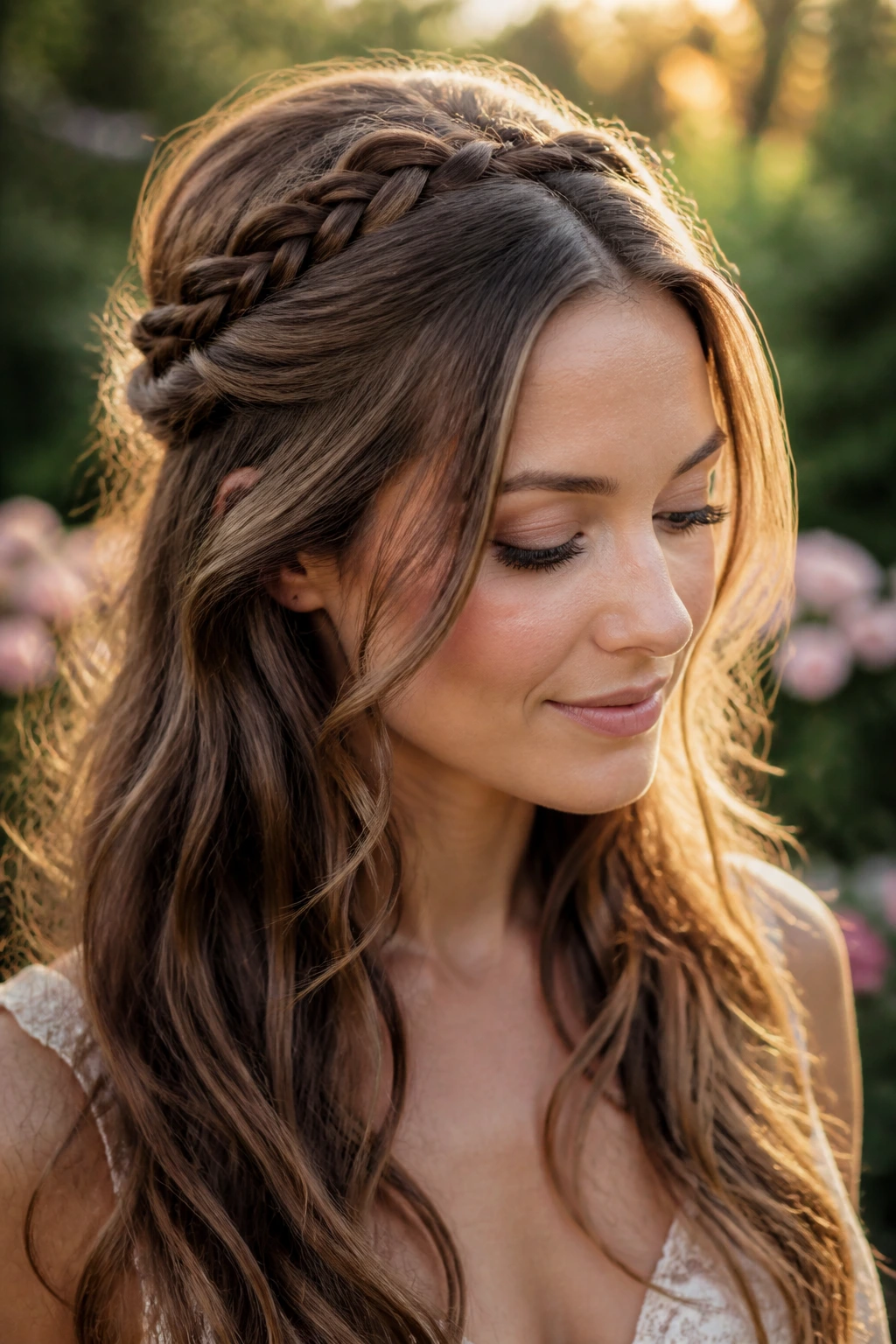 Close-up of a real woman with a half-up braided crown