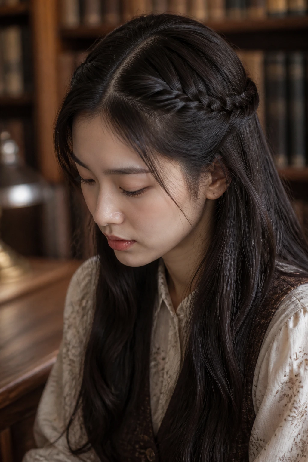 Close-up of a woman with a half-up braided crown.