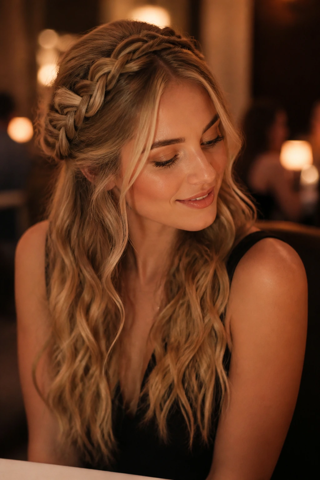 Close-up of a real woman wearing a half-up braided crown with loose waves in warm restaurant lighting