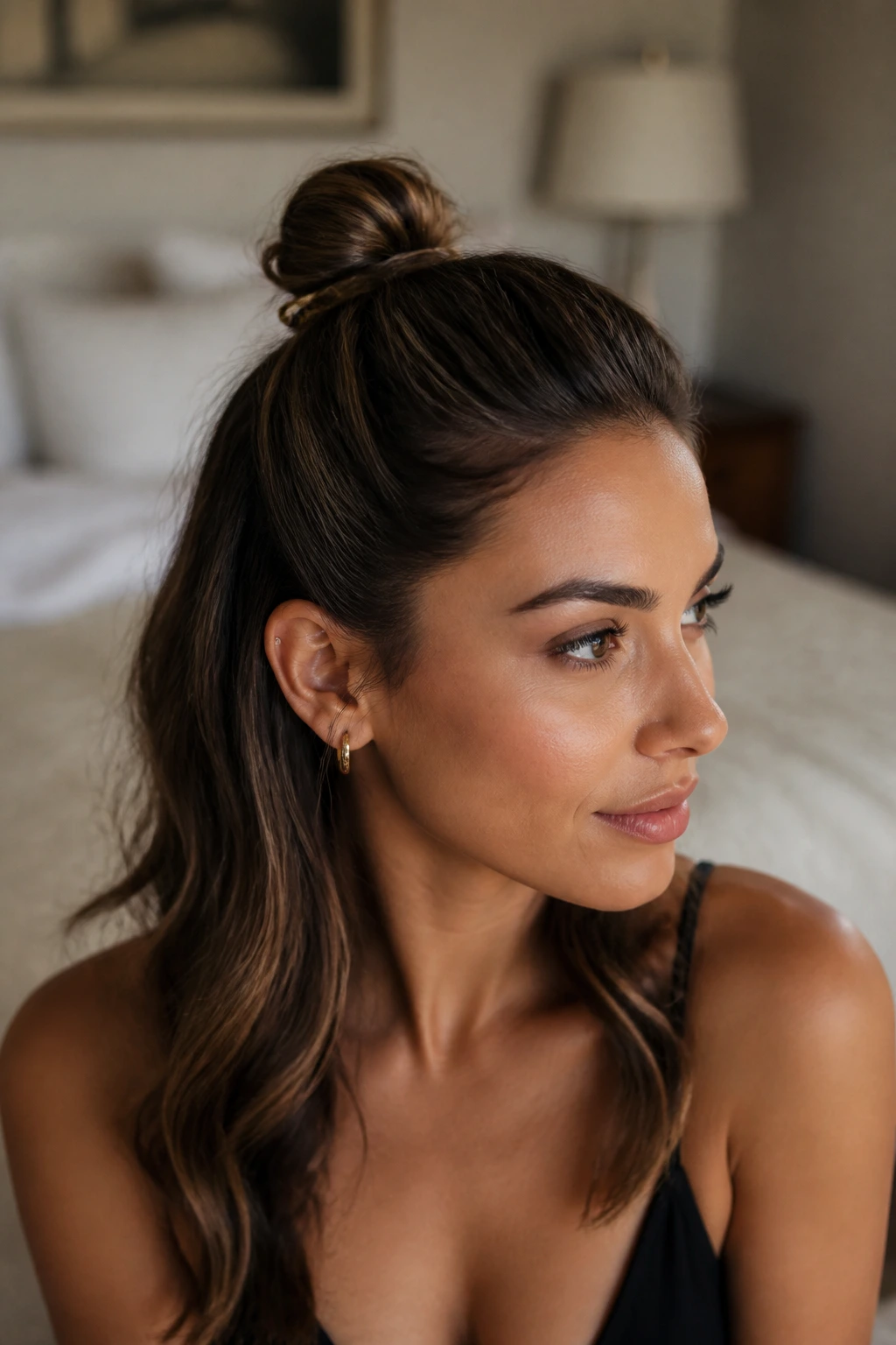 Close-up of a real woman with a half-up mini bun for date night