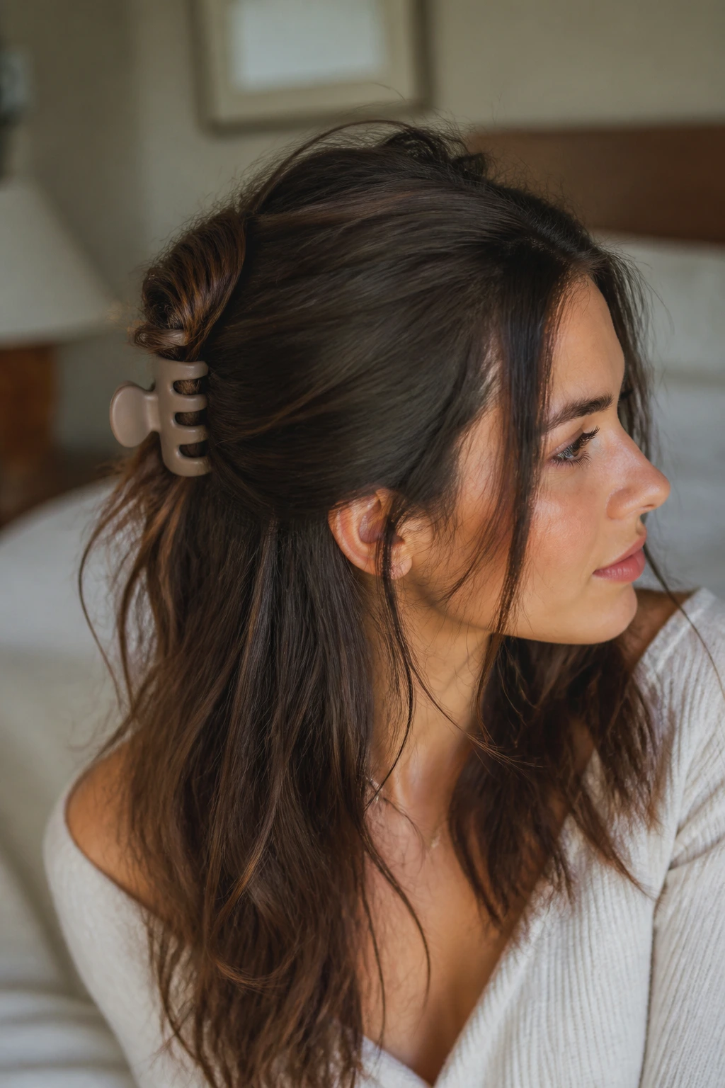 Close-up of a woman with half-up twisted hair clipped with a claw clip
