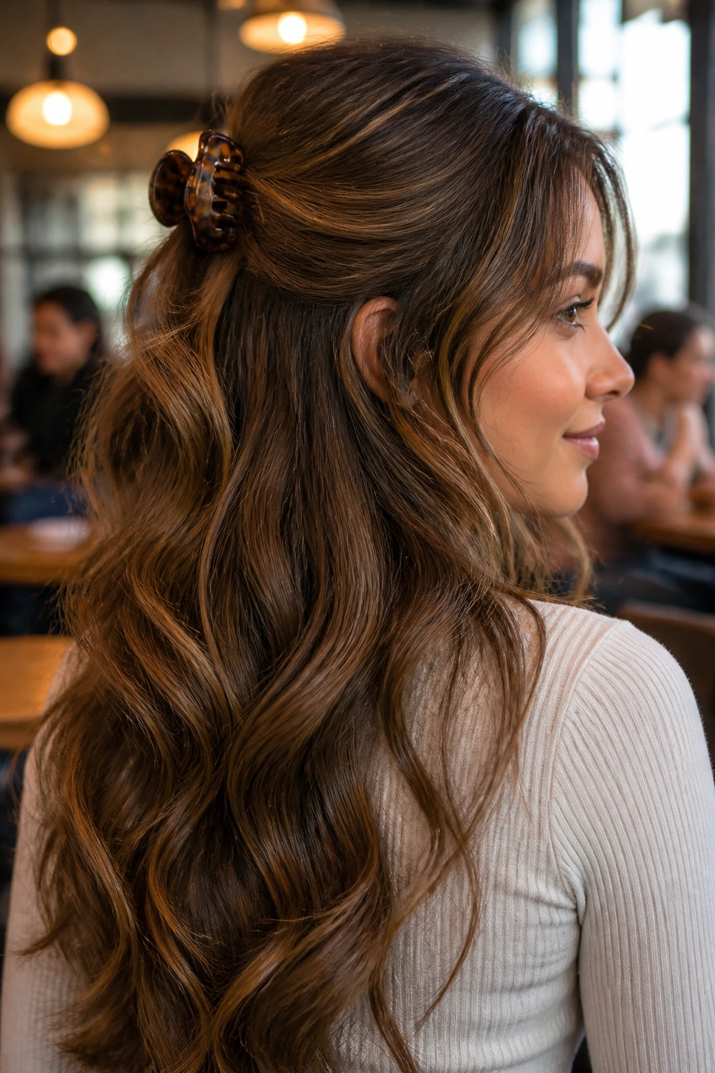 Close-up portrait of a real person with half-up hairstyle and a matte claw clip in a cafeteria setting